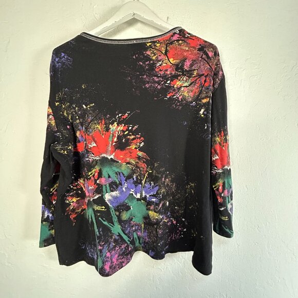 Jess & Jane Womens 3/4 Sleeve Floral Print Flora Poems Top 2X Black Rhinestones - Picture 2 of 7